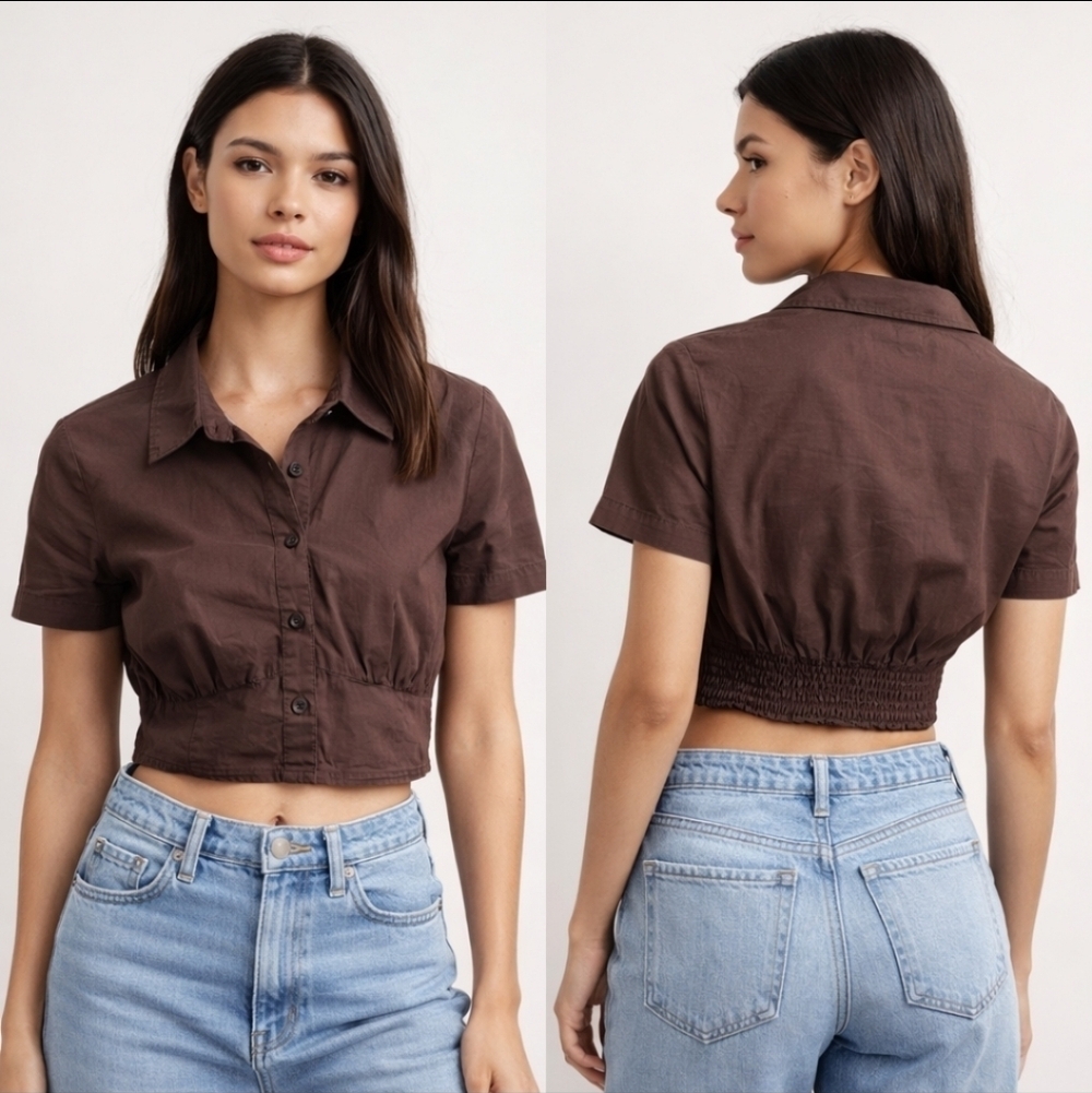 H&M Brown Cropped Collared Button Front Top Size S
